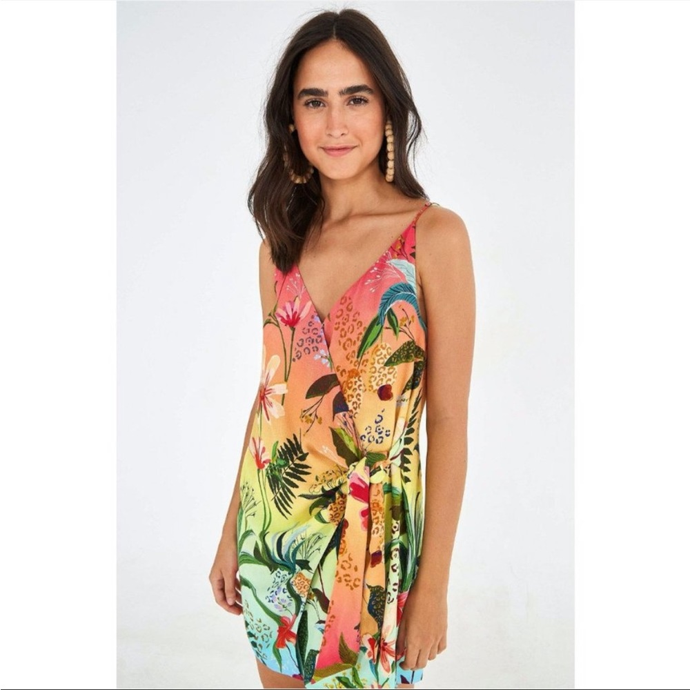 FARM Rio Wrap Dress Sz Small Amazonian Ombre Mini Tropical Floral Animal